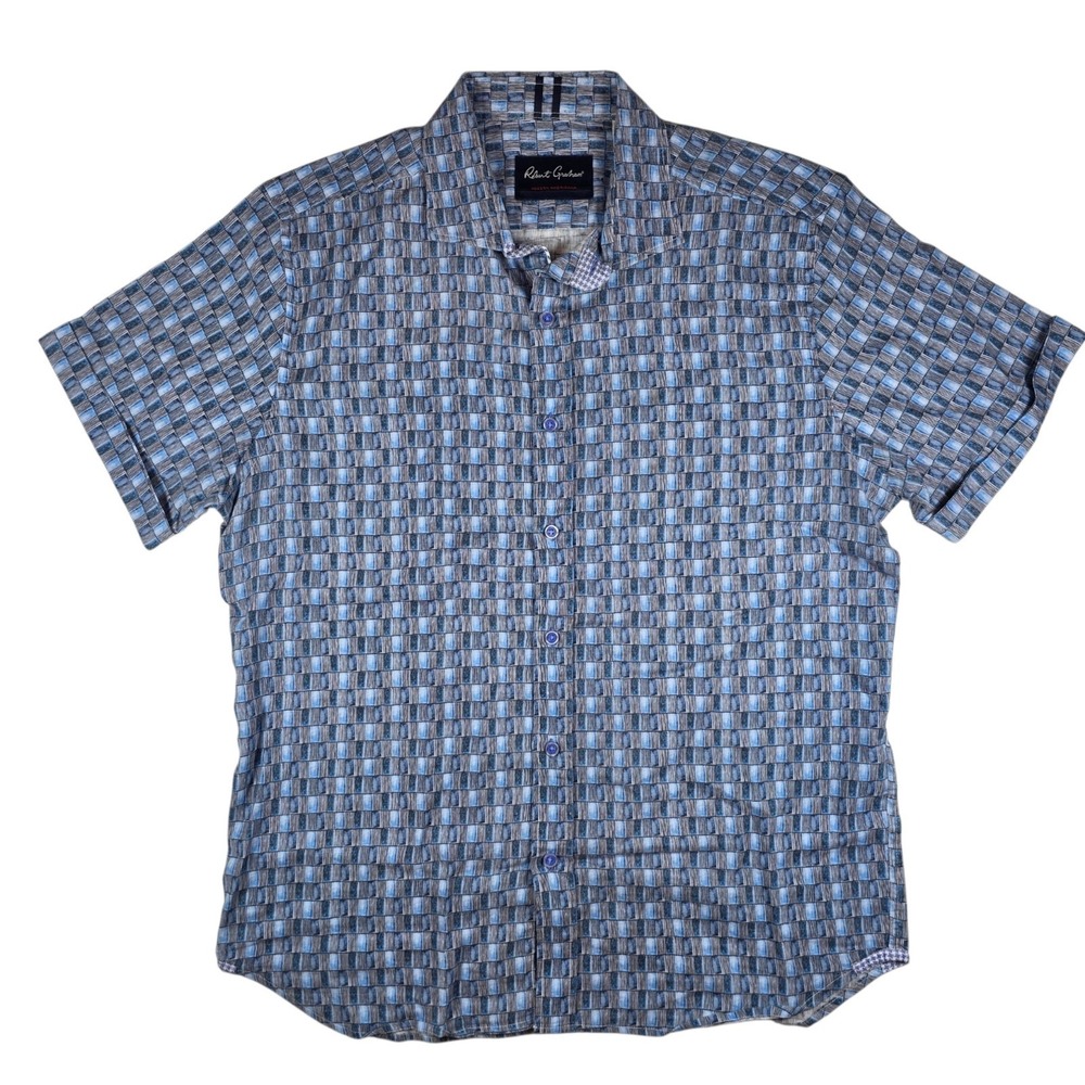 Robert Graham Blue Square Geometric Linen Blend S/S Button Up Shirt Men's Size L